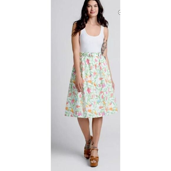 ModCloth Midi Skirt Women Tropical Print Multicolor Belted Kitch Lined | 8 EUC - Picture 1 of 16